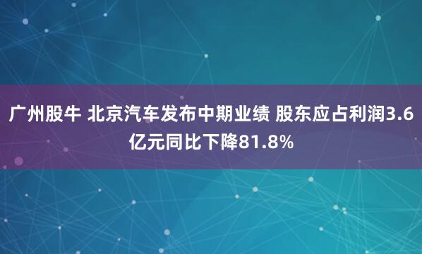 广州股牛 北京汽车发布中期业绩 股东应占利润3.6亿元同比下降81.8%